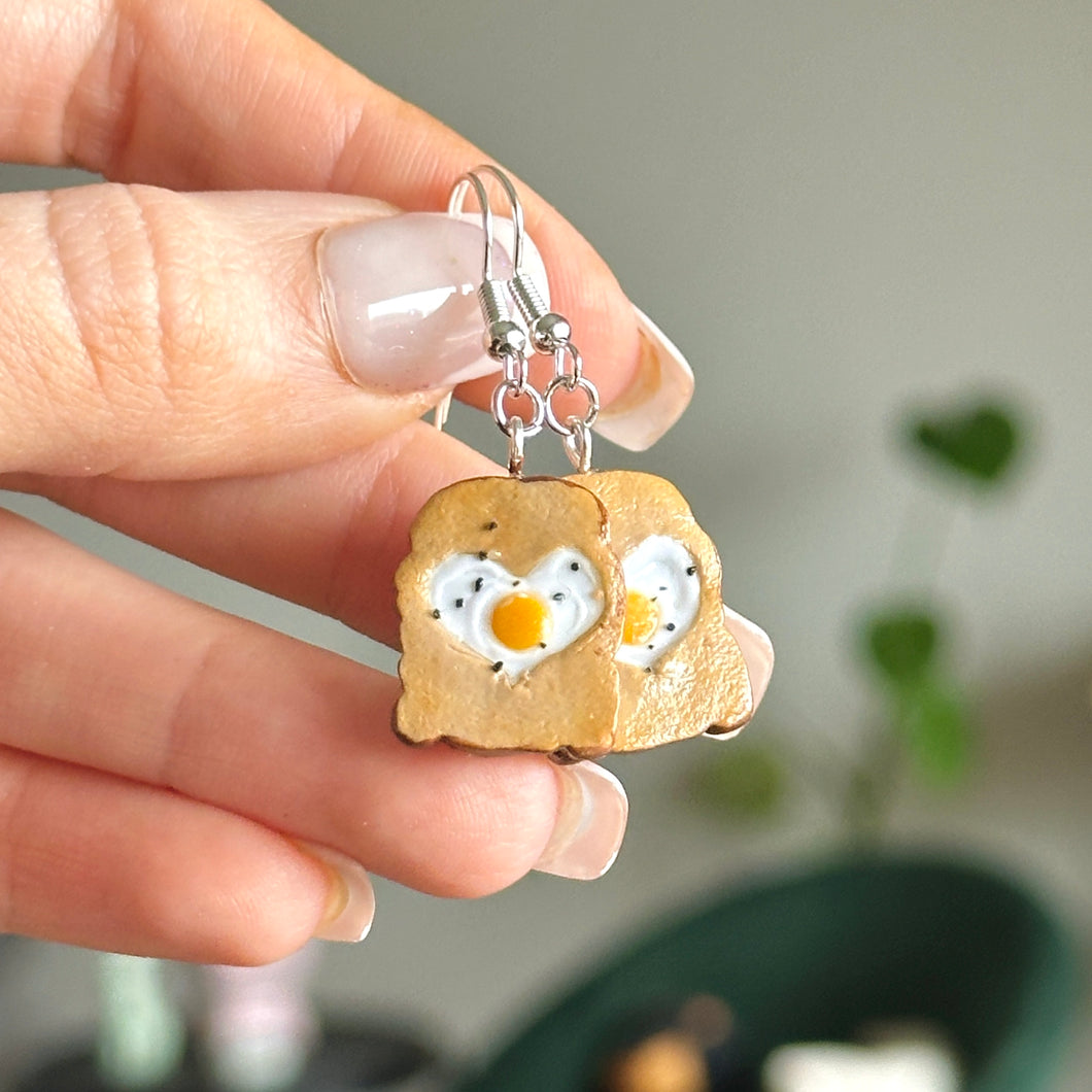 Toast with heart egg earrings